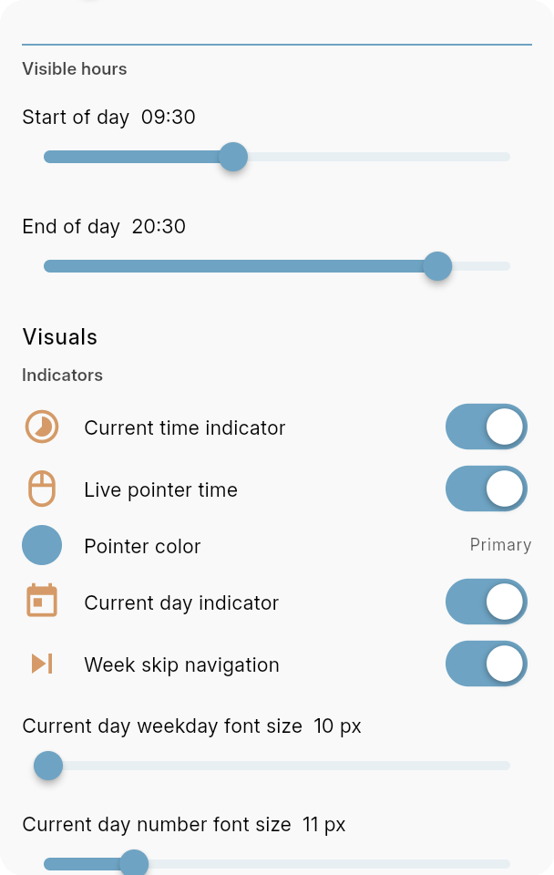 Bookairy Calendar Settings visible hours and visual indicator options
