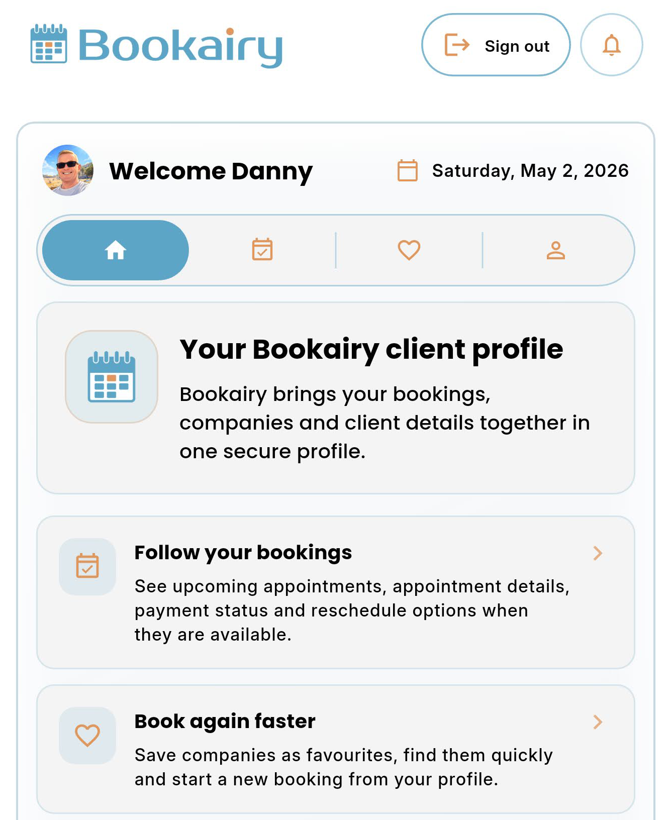 Bookairy client profile interface preview