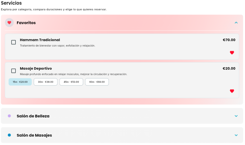 Spanish localized Bookairy booking screen