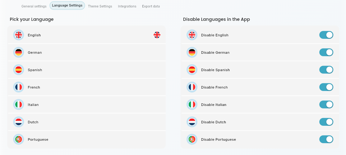 Bookairy settings for enabling and disabling booking languages